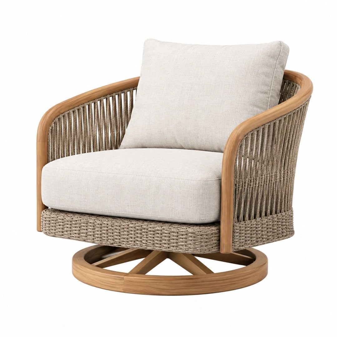 Fotel obrotowy 82 x 85 x 86 cm z drewna i plecionki beżowy do ogrodu