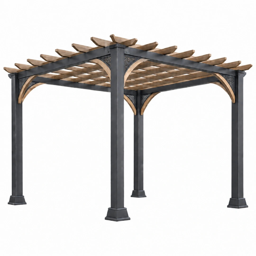 Pergola ogrodowa 300 x 300 x 240 cm ze stali i drewna czarna brązowa ażurowa