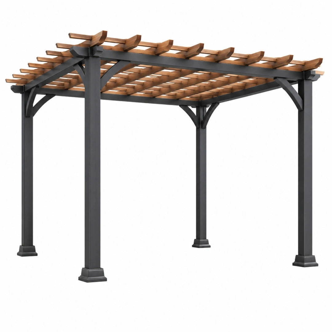 Pergola ogrodowa 400 x 300 x 240 cm z metalu i drewna czarno brązowa - z ażurowym dachem