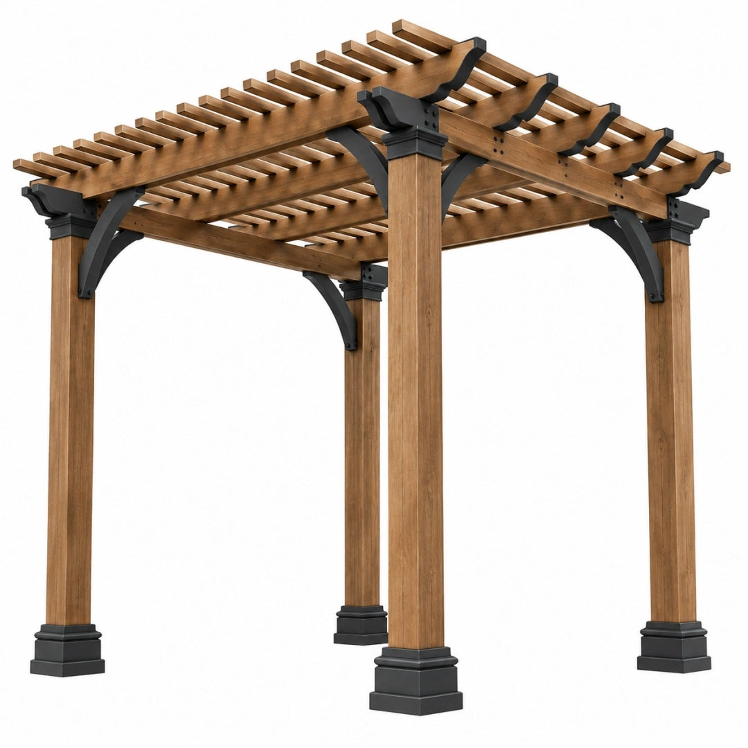 Pergola ogrodowa 300 x 300 x 240 cm drewniana brązowa z czarnymi wspornikami klasyczna