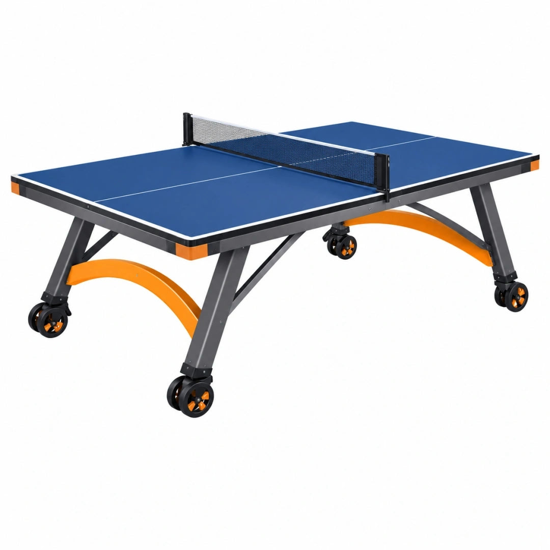 Stół do tenisa stołowego 274 x 152.5 x 76 cm stalowy niebieski składany na kółkach