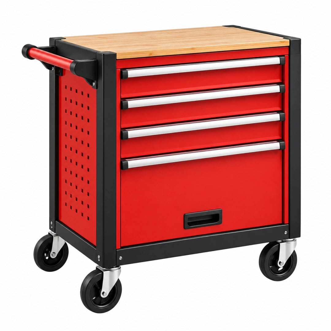 Wózek narzędziowy 77 x 46 x 97 cm stalowy czerwono-czarny z drewnianym blatem i 4 szufladami